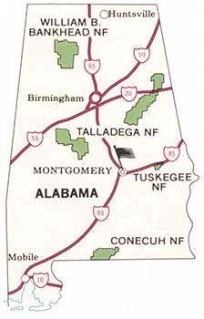 map of the four national forests in Alabama