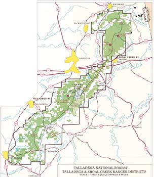 map of the Talladega National Forest's Talladega and Shoal Creek ranger districts