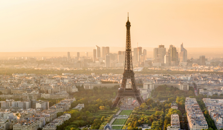 The Eiffel Tower with the city of Paris, France in the background.