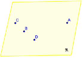 A plane is denoted by a region R, containing points A, B, C, and D