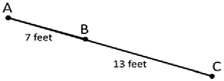 A line from A to B to C. Segment A to B has length 7 feet and segment B to C has length 13