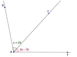 Angle S A T is bisected by ray A to B, breaking it into angle S A B of measuring x + 20 and angle B A T of measure 2x - 10