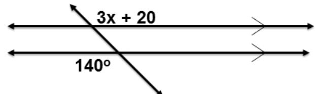 2 parallel horizontal lines are cut by a transversal. The obtuse exterior angle on the top has value 3x+20 and the obtuse exterior angle on the bottom has value 140