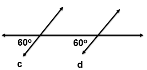 Line c and line d are a pair of lines that are cut by a transversal. The angle to the lower left of the intersection with d is 60 degrees. The angle to the lower left of the intersection with c is 60 degrees