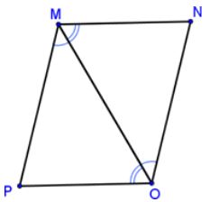 Parallelogram M N O P is split into 2 congruent triangles by the diagonal M O.