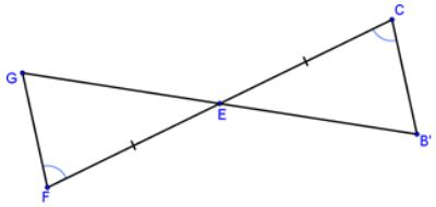 Line segments C F and B G are intersect at point G. The ends of the line segments are joined to form a bow tie. Angle C and shown to be equal to angle F and length F E is shown to be congruent to E C