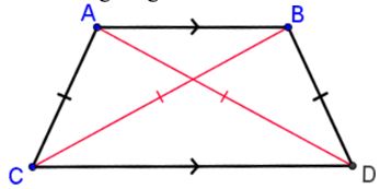 A trapazoid with parallel bases and congruent legs. The diagonals are shown to be congruent as well