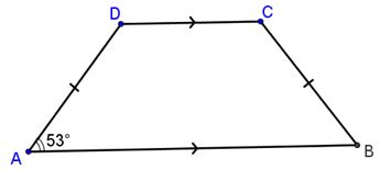 Trapazoid A B C D is shown to have congruent legs A D and B C. Angle A is shown to be 53 degrees