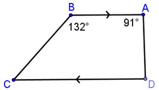 Trapazoid A B C D is shown with parallel sides A B and C D. Angle A = 91 degrees and Angle B = 132 degrees