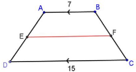 Trapazoid A B C D has base A B of length 7 and base C D of length 15