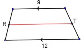 A trapazoid has bases with length 9 and 12. The midsegment is labeled R T