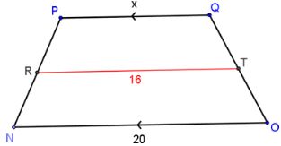 Trapazoid N P Q O has base N O with length 20. The midsegment R T has length 16. Base P Q is unknown and is labeled x