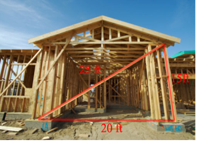 building under construction a right triangle is drawn over the image with measurements of 20 feet, 15 feet and 25 feet