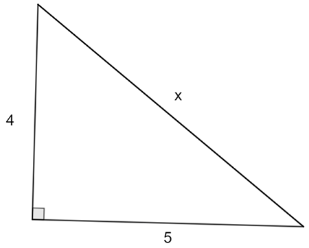 A right triangle.
The length of the hypotenuse is x units. The length of one leg is 4 units. The length of the other leg is 5 units.
