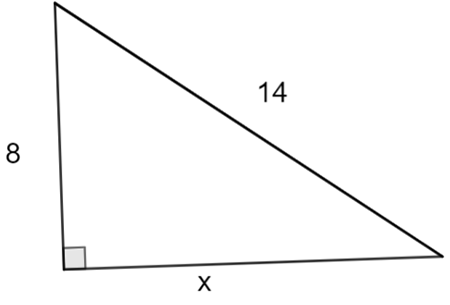 A right triangle.
The length of the hypotenuse is 14 units. The length of one leg is x units. The length of the other leg is 8 units.
