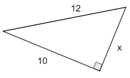 A right triangle.
The length of the hypotenuse is 12 units. The length of one leg is x units. The length of the other leg is 10 units.
