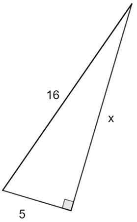 A right triangle.
The length of the hypotenuse is 16 units. The length of one leg is 5 units. The length of the other leg is x units.
