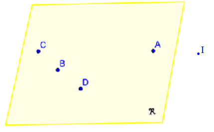 plane with points C, B, D in a line; point I outside the plane, point A not in a line with the other points