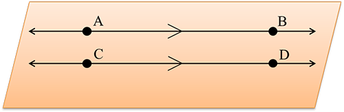 Two lines AB and CD on a plane. There is an arrow symbol on each of the lines. 