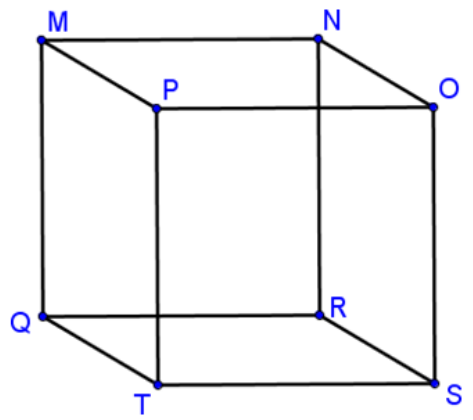 A cube; bottom plane has point Q and R at the back, S and T at the front with T and Q on the left; top plane has points M and N at the back, P and O at the front with M and P on the left