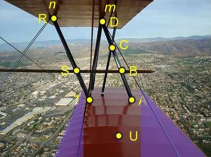 Line n containing points R, S, and T intersecting a plane containing non-collinear points A, U, and T at point T, and a line m containing points D, C, B, and A intersecting a plane containing non-collinear points A, U, and T at point A;