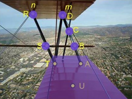 Line n containing points R, S, and T intersecting a plane containing non-collinear points A, U, and T at point T, and a line m containing points D, C, B, and A intersecting a plane containing non-collinear points A, U, and T at point A;