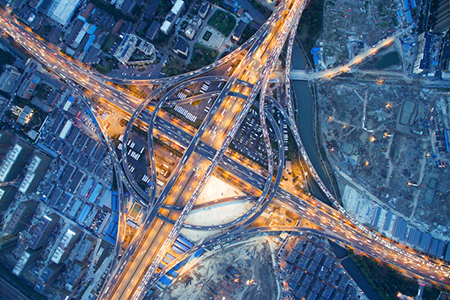 overhead view of highway intersection