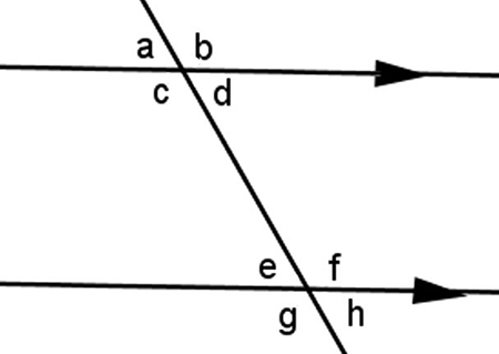 a transversal intersecting two lines; the transversal forms vertical angles a and d and vertical angles c and b with the first line; the transversal forms vertical angles e and h and vertical angles g and f with the second line