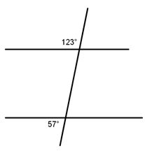 A pair of horizontal parallel lines is cut by a transversal. The exterior angle to the furthest top left is 123 degrees and the exterior angle to the furthest bottom left is 57 degrees