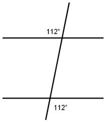 A pair of horizontal parallel lines is cut by a transversal. The exterior angle to the furthest top left is 112 degrees and the exterior angle to the furthest bottom right is 112 degrees