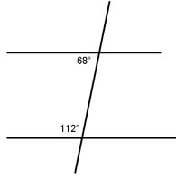 A pair of horizontal parallel lines is cut by a transversal. The interior angle to the furthest top left is 68 degrees and the interior angle to the furthest bottom left is 112 degrees