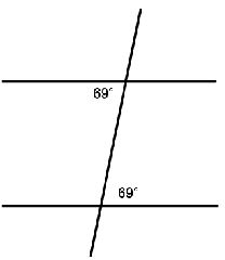 A pair of horizontal parallel lines is cut by a transversal. The interior angle to the furthest top left is 69 degrees and the interior angle to the furthest bottom right is 69 degrees