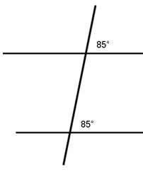 A pair of horizontal parallel lines is cut by a transversal. The exterior angle to the furthest top right is 85 degrees and the interior angle to the furthest bottom right is 85 degrees