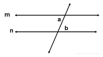 parallel lines m and line n are transversed by a third line; angle a and angle b are alternate interior angles where the line traverses line m and line n 