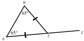 Traingle RST
•  Segments ST and RT both have one tick marks on them.
•  The third side, segment SR,  has no tick marks. 
•  Angles RST and SRT both measure 65 degrees.
•  Angle RTZ is an exterior angle of the triangle.