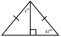 This is a triangle with two congruent sides. There is a segment drawn from the vertex angle and perpendicular to the base. The perpendicular segment forms two right triangles inside of the triangle. In the left interior triangle, the measure of one acute angle is y degrees. In the right interior triangle, the measure of one acute angle is 47 degrees. 