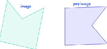 This is an image of two congruent five-sided figures. The figure to the left is pointing northeast and labeled image. The figure to right is pointing east and labeled preimage.