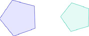 The is an image of two five-sided polygons. The polygon to the left is larger that the polygon to the right.