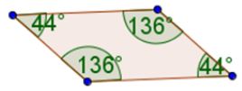 A 4 sided figure with angles 44, 136, 136, and 44