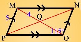 Parallelogram MNOP
• Segments MO and NP are diagonals of the parallelogram.
• The diagonals intersect at point Q.
• MQ equals 4, MP equals 5, and the measure of angle O equals 115 degrees.
