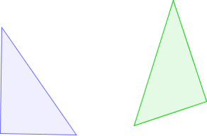 Two triangles that are in different locations but are the same size and have the same angle measures. The purple triangle preimage is on the left. The green triangle image is flipped and turned slightly, compared to the purple preimage.