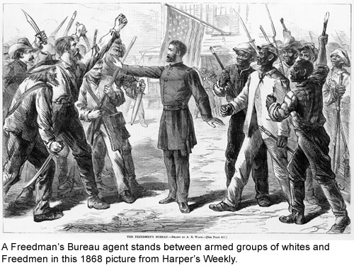 A Freedman's Bureau agent stands between armed groups of whites and Freedmen in this 1868 picture from Harper's Weekly.