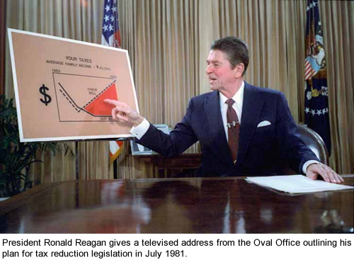 President Ronald Reagan gives a televised address from the Oval Office.