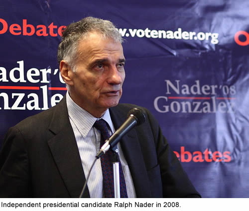 Independent presidential candidate Ralph Nader speaking at a campaign event in October 2008.