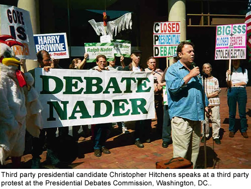 Christopher Hitchens speaks at a third party protest at the Presidential Debates Commission, Washington, DC.