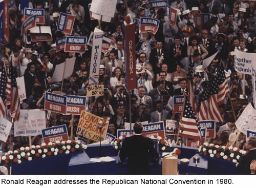 Republican nominee Ronald Reagan speaks to the Republican National Convention in 1980.