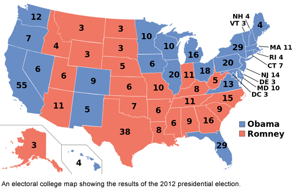 2012 presidential election results map. Blue denotes states/districts won by Obama/Biden. Red denotes those won by Romney/Ryan. Numbers indicate electoral votes allotted to the winner of each state.