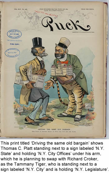 This print titled 'Driving the same old bargain' shows Thomas C. Platt standing next to a sign labeled 'N.Y. State' and holding 'N.Y. City Offices' under his arm, which he is planning to swap with Richard Croker, as the Tammany Tiger, who is standing next to a sign labeled 'N.Y. City' and is holding 'N.Y. Legislature' in his left hand, to complete the swap.