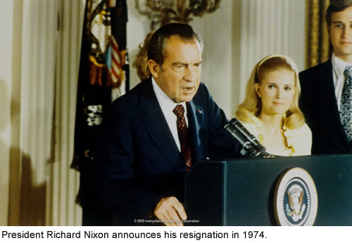 Richard Nixon announces his resignation in 1974.