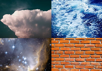 clouds (gas), the ocean (liquid), space and stars (plasma), and a brick wall (solid)
